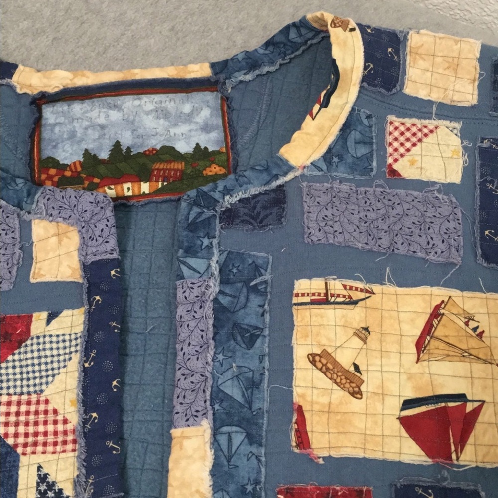 Quilted Patchwork Jacket Size 1X Boxy Oversized Coastal Nautical Country Artsy - Picture 2 of 13